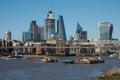 View of skyscrapers of Central business district. of London from Thames river